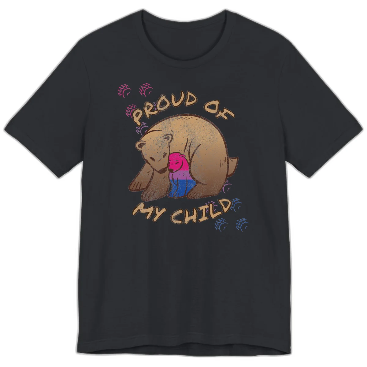 Brown bear holding rainbow pride flag with text reading 'Proud As My Chub' on gray background in Vintage Black
