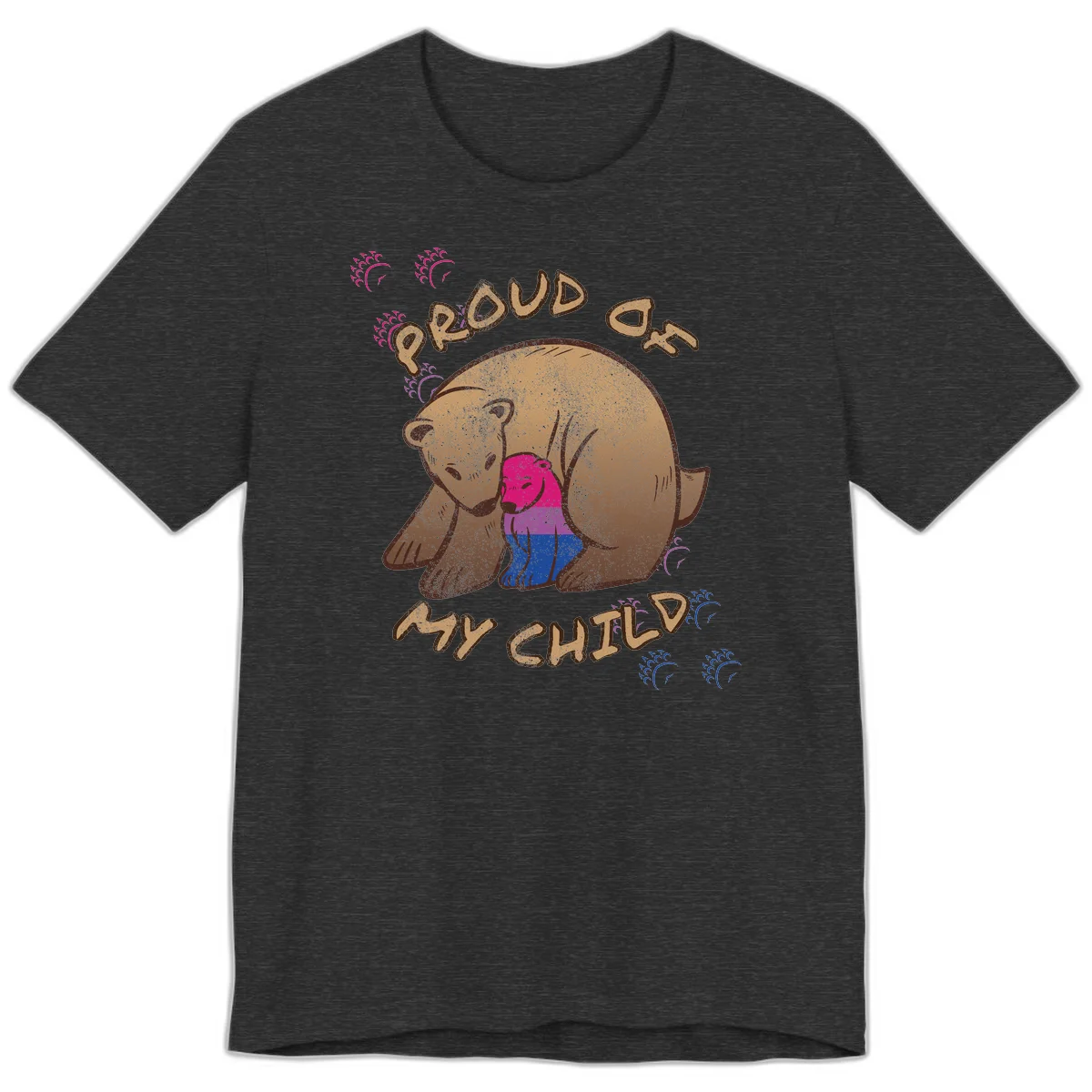Brown bear holding rainbow pride flag with text reading 'Proud As My Chub' on gray background in Dark Grey Heather