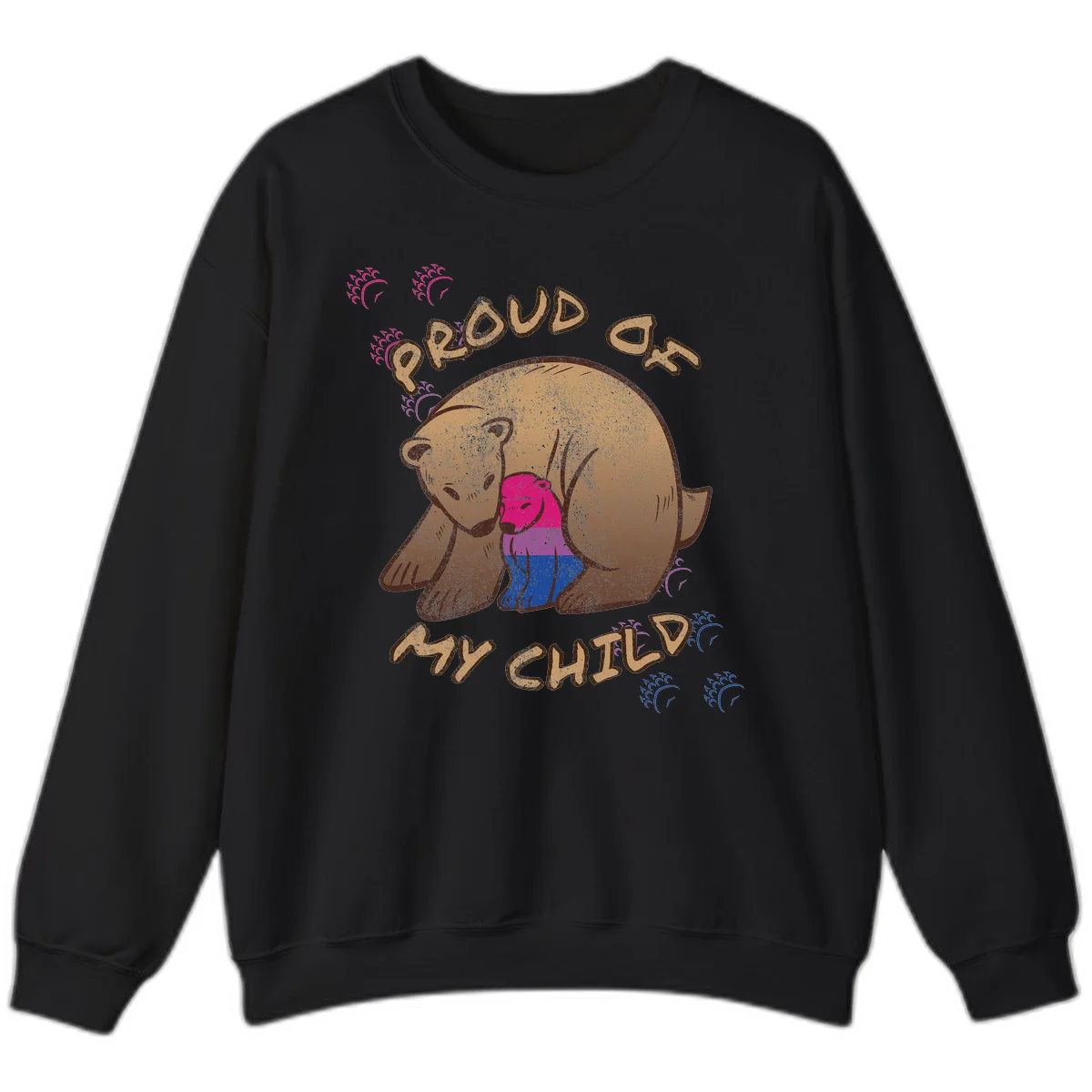 Brown bear holding rainbow pride flag with text reading 'Proud As My Chub' on gray background in Black