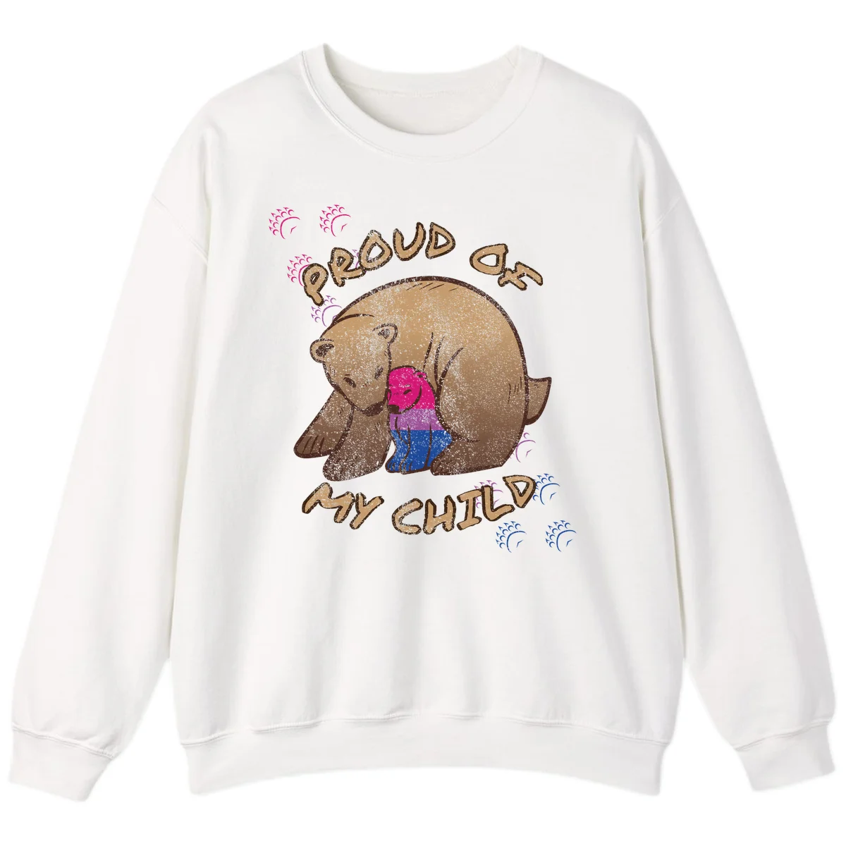 Brown bear holding rainbow pride flag with text reading 'Proud As My Chub' on gray background in White