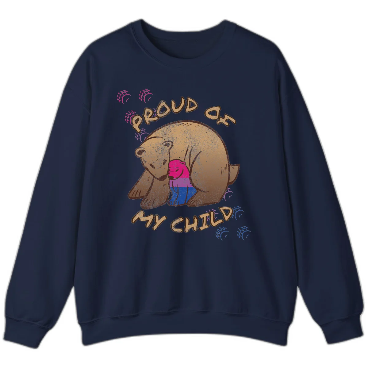 Brown bear holding rainbow pride flag with text reading 'Proud As My Chub' on gray background in Navy