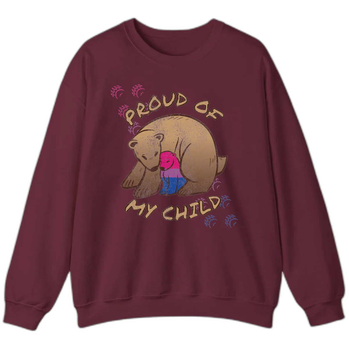 Brown bear holding rainbow pride flag with text reading 'Proud As My Chub' on gray background in Maroon