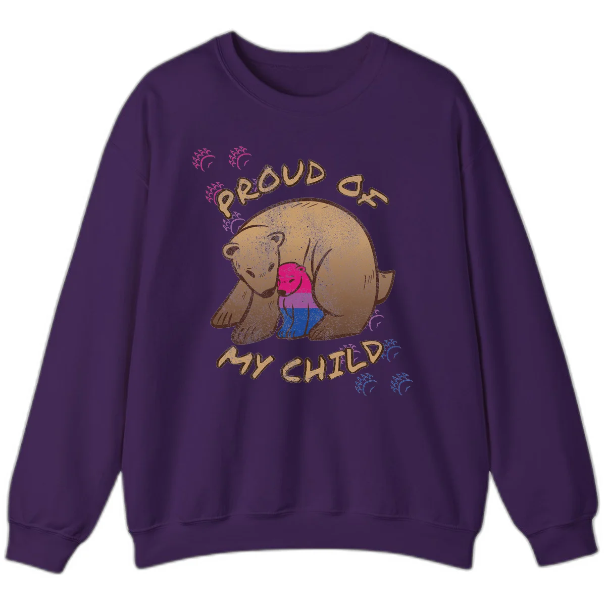 Brown bear holding rainbow pride flag with text reading 'Proud As My Chub' on gray background in Purple