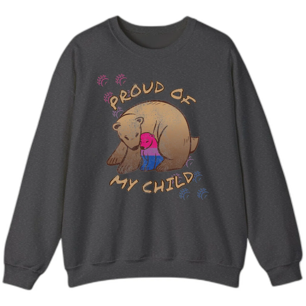 Brown bear holding rainbow pride flag with text reading 'Proud As My Chub' on gray background in Dark Heather