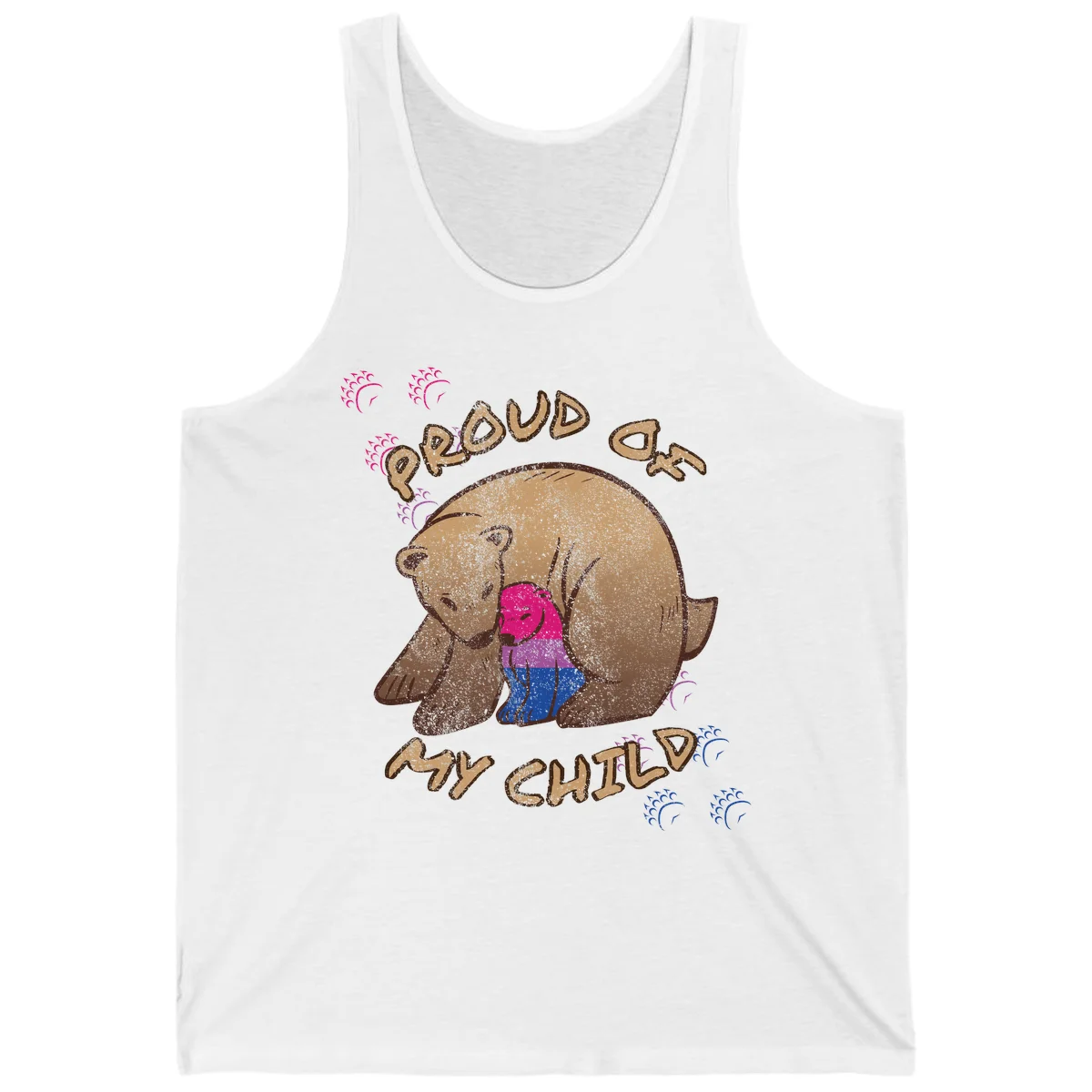 Brown bear holding rainbow pride flag with text reading 'Proud As My Chub' on gray background in White