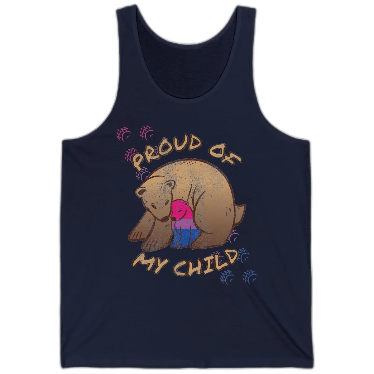 Brown bear holding rainbow pride flag with text reading 'Proud As My Chub' on gray background in Navy