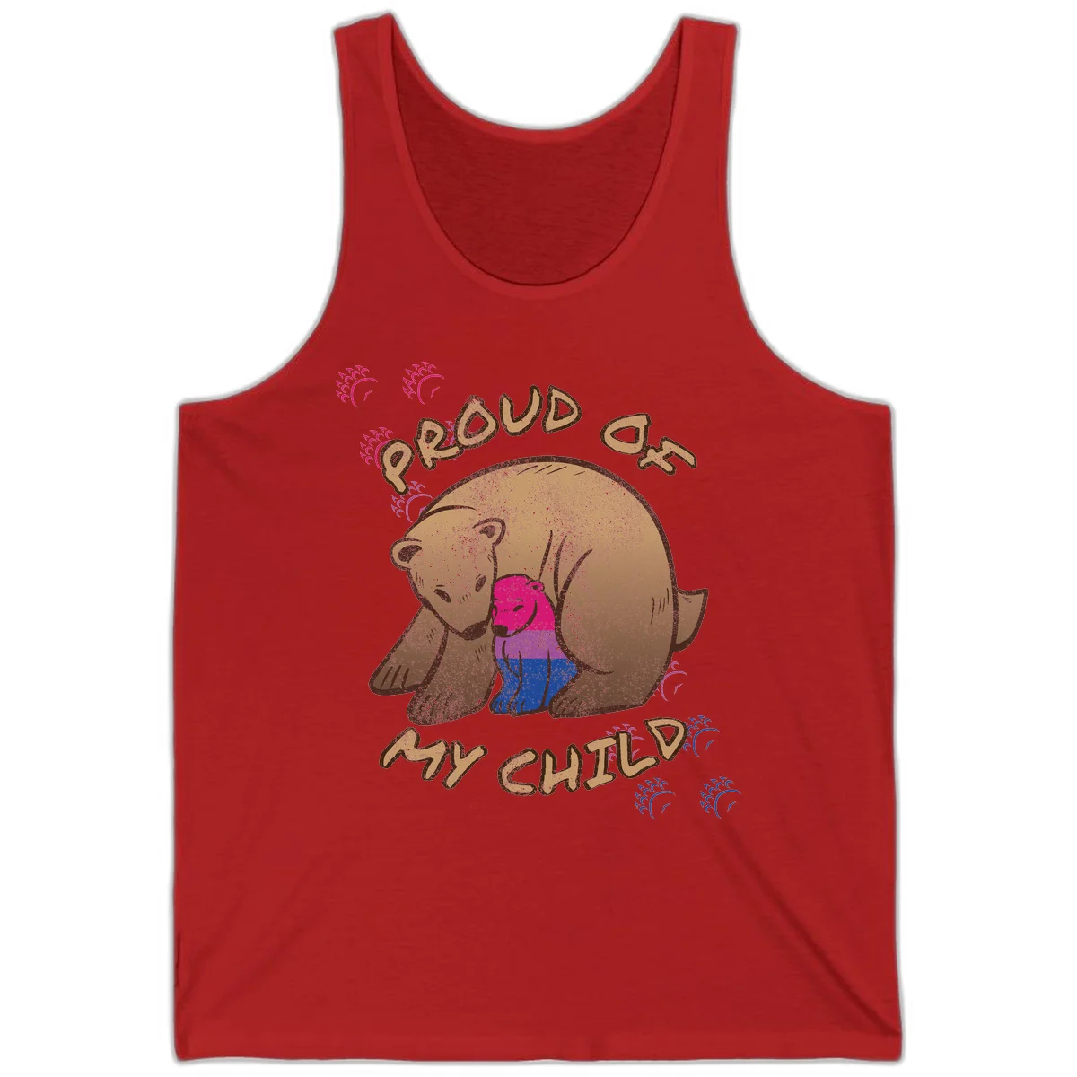 Brown bear holding rainbow pride flag with text reading 'Proud As My Chub' on gray background in Red
