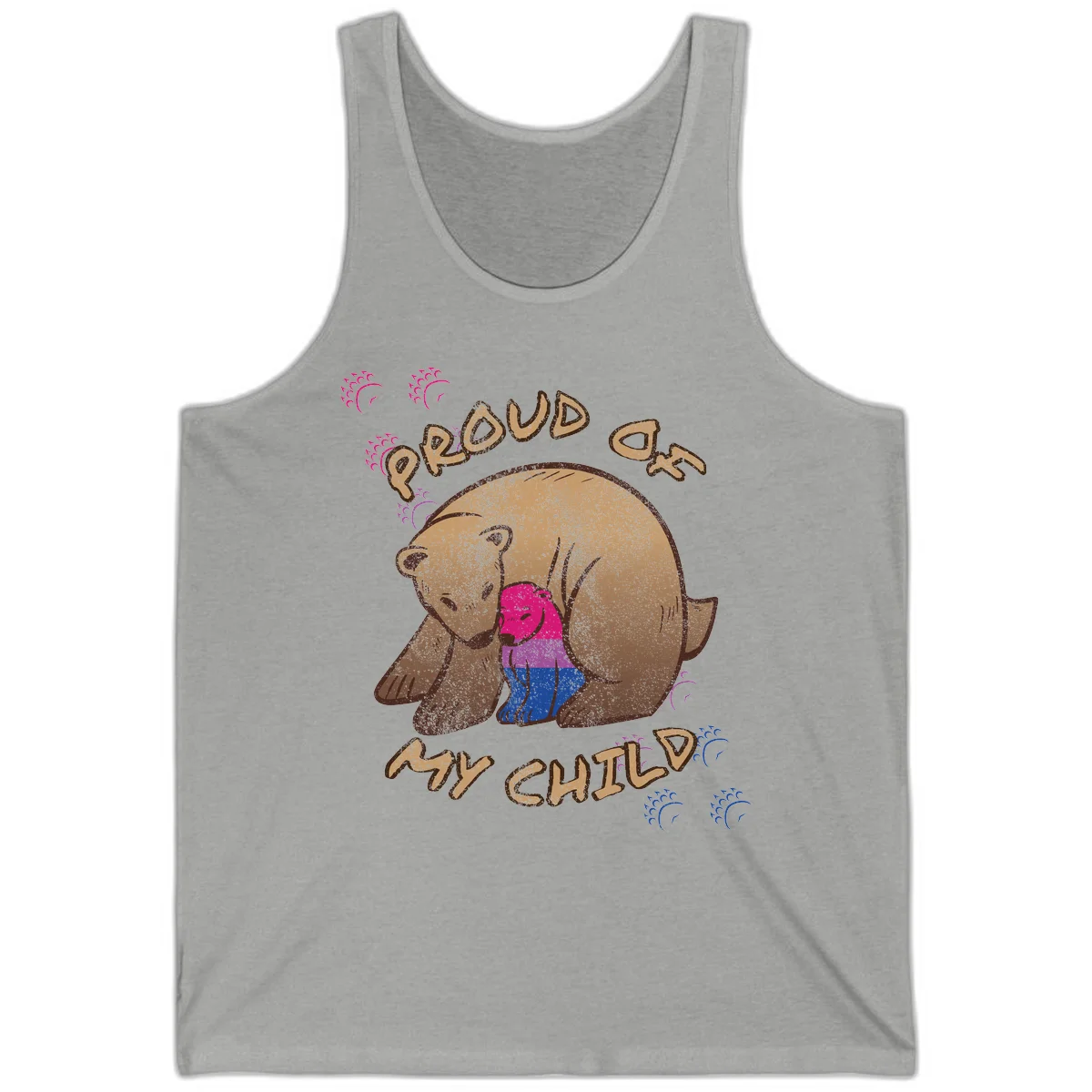 Brown bear holding rainbow pride flag with text reading 'Proud As My Chub' on gray background in Athletic Heather