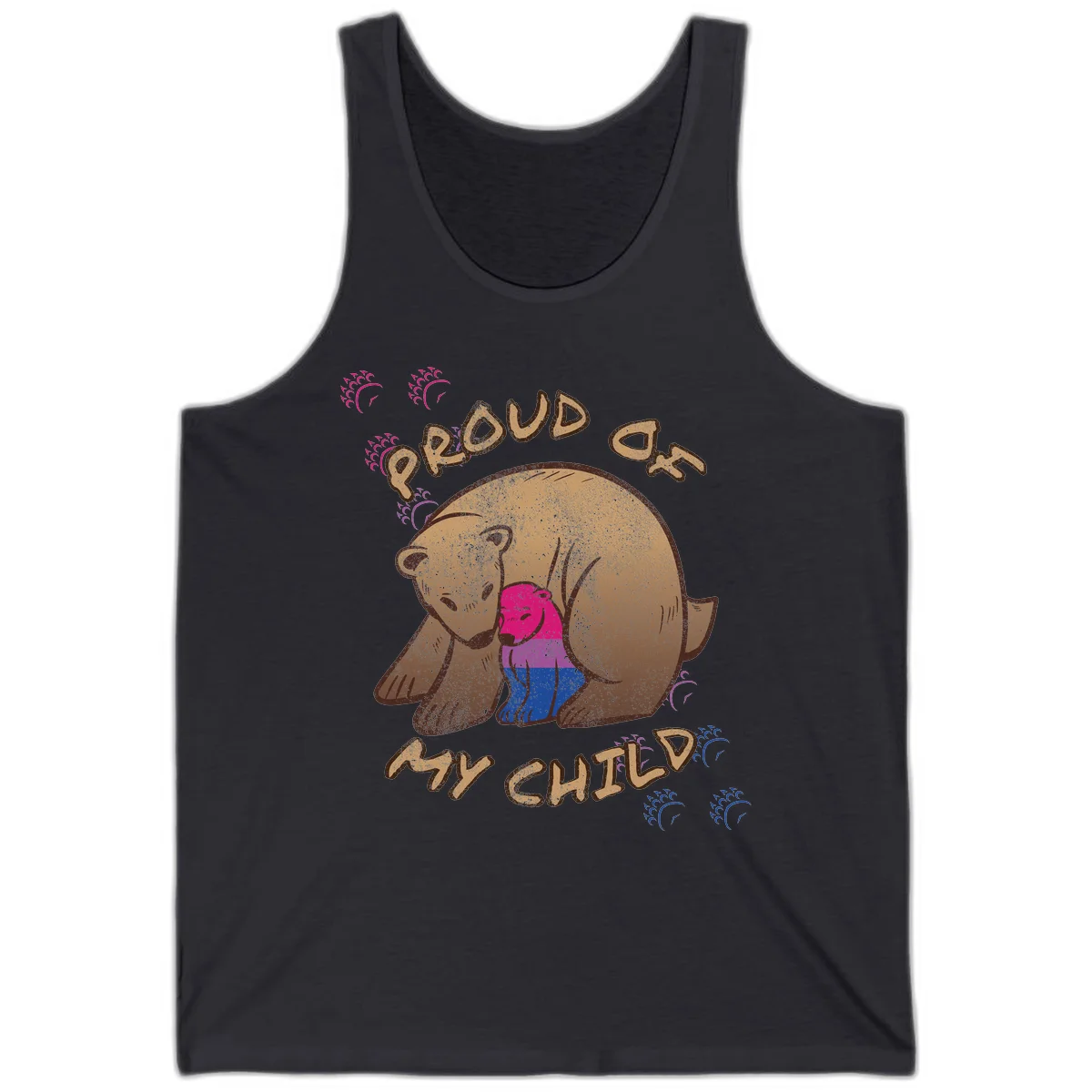 Brown bear holding rainbow pride flag with text reading 'Proud As My Chub' on gray background in Dark Grey