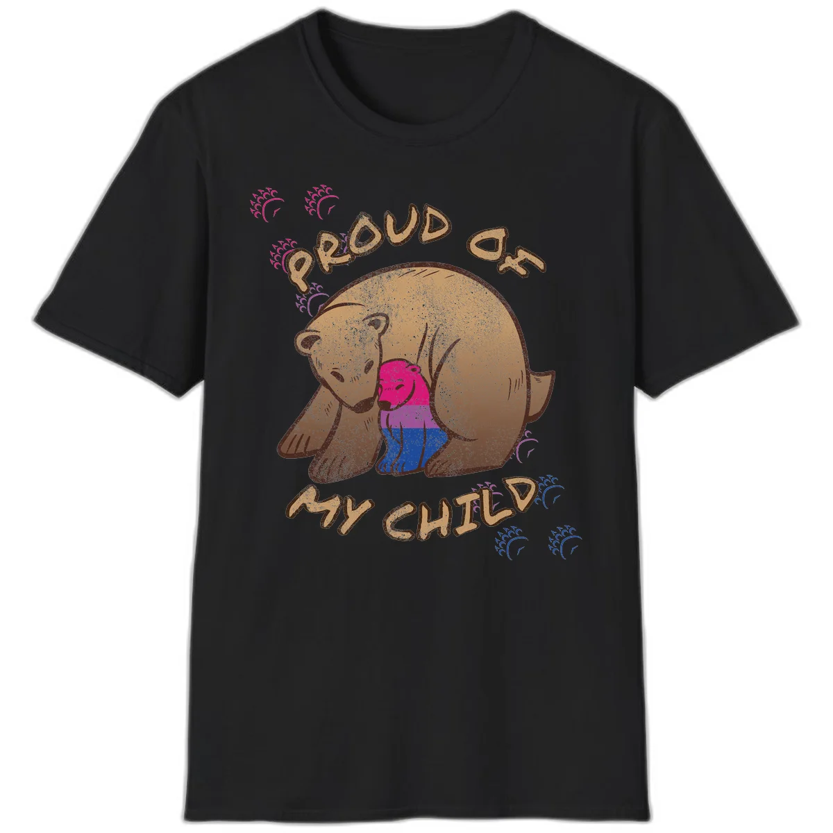 Brown bear holding rainbow pride flag with text reading 'Proud As My Chub' on gray background in Black