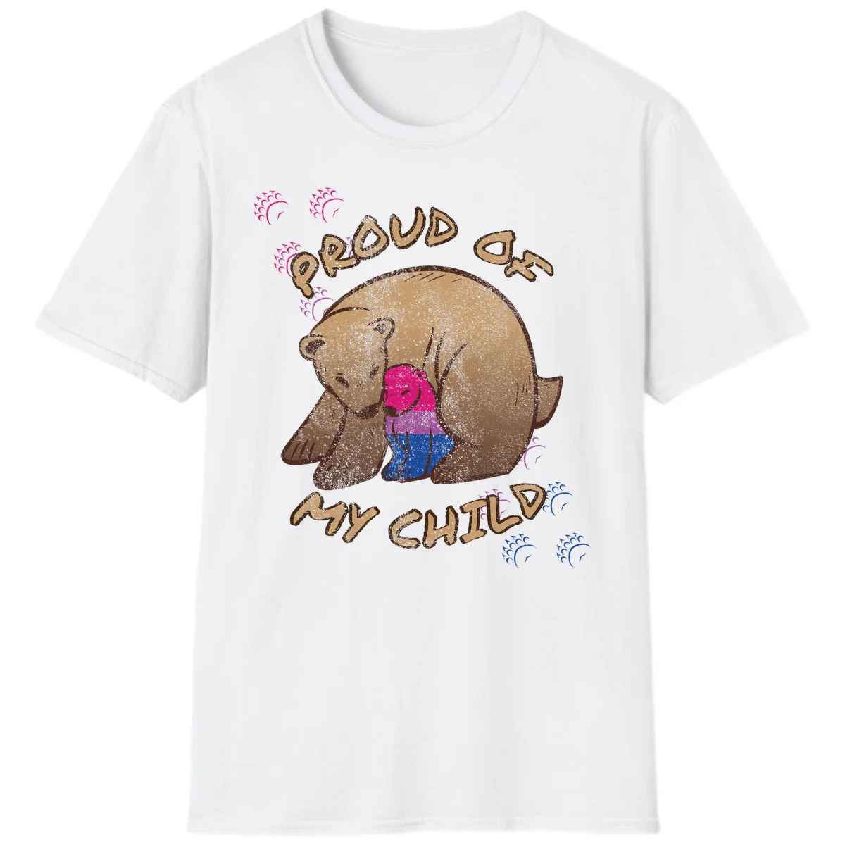 Brown bear holding rainbow pride flag with text reading 'Proud As My Chub' on gray background in White