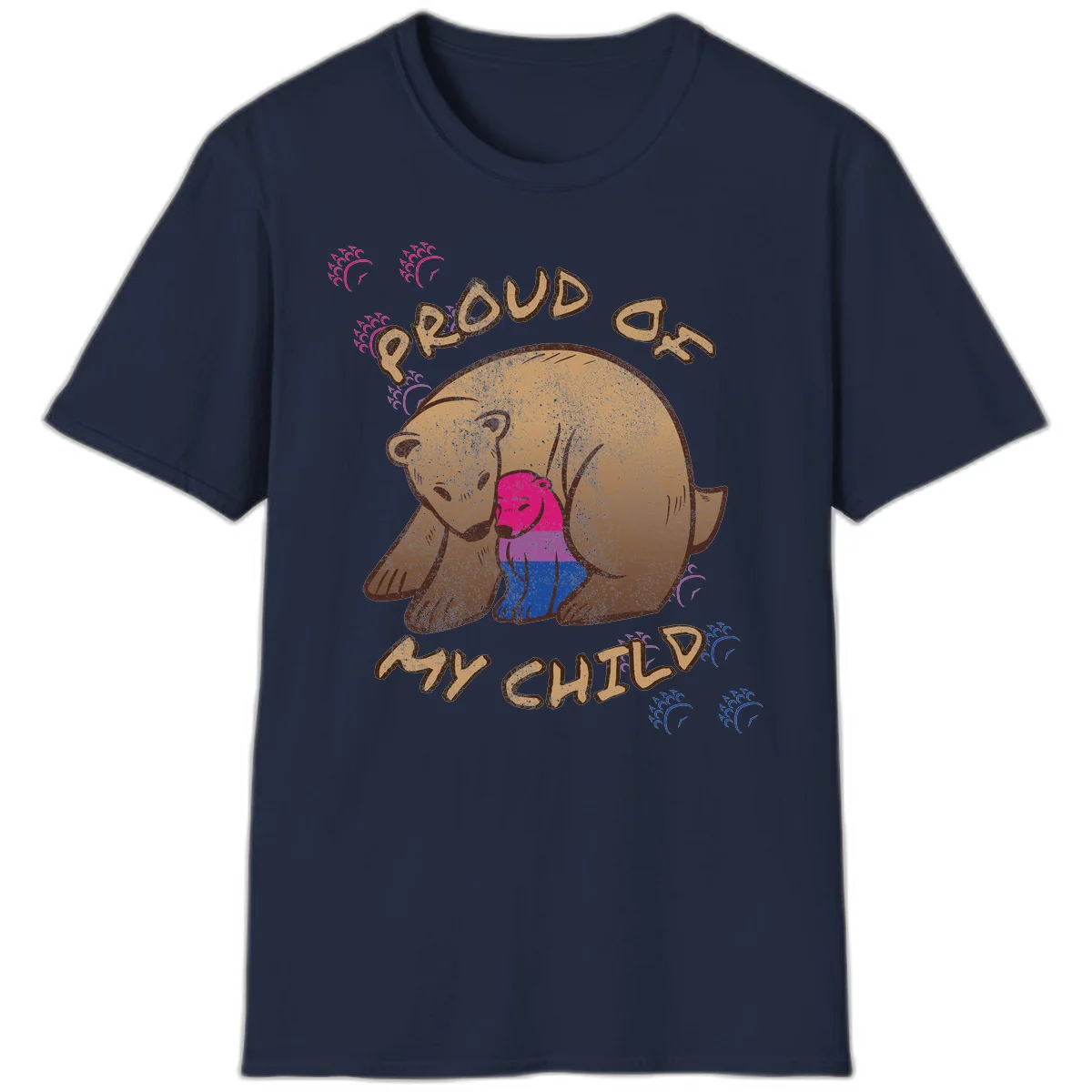 Brown bear holding rainbow pride flag with text reading 'Proud As My Chub' on gray background in Navy