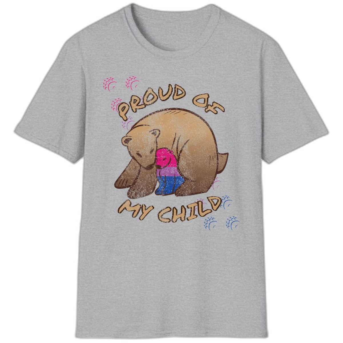 Brown bear holding rainbow pride flag with text reading 'Proud As My Chub' on gray background in Sport Grey