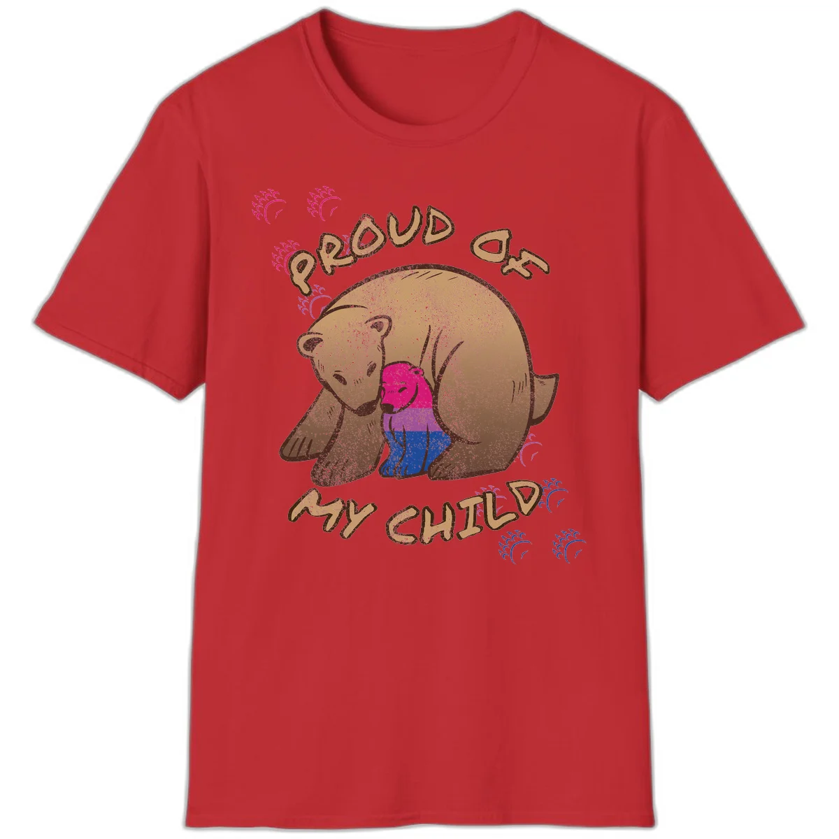Brown bear holding rainbow pride flag with text reading 'Proud As My Chub' on gray background in Red