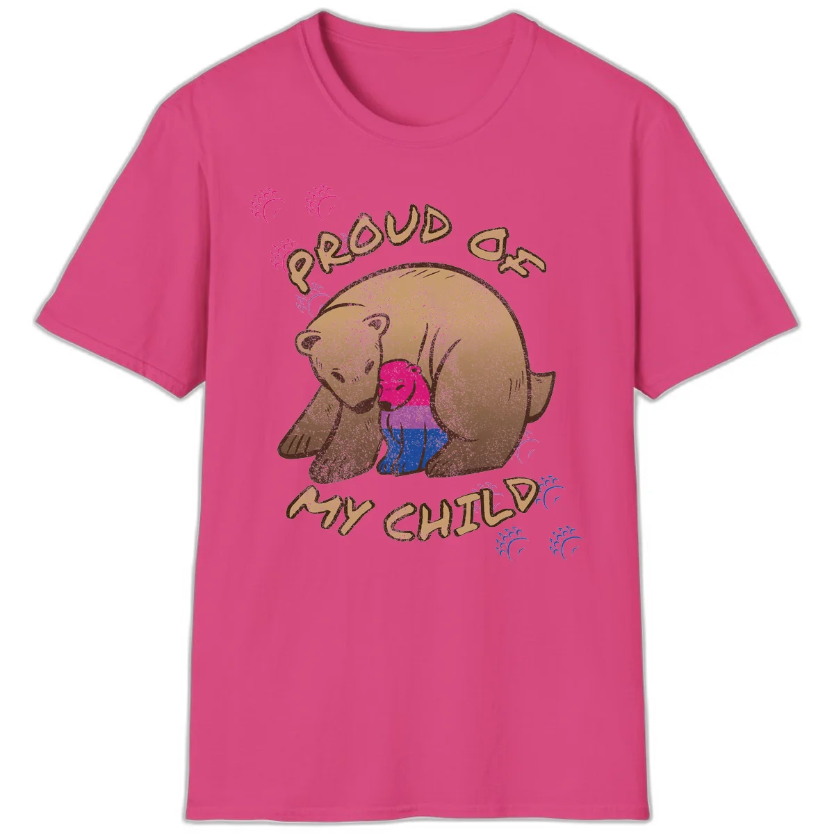 Brown bear holding rainbow pride flag with text reading 'Proud As My Chub' on gray background in Heliconia