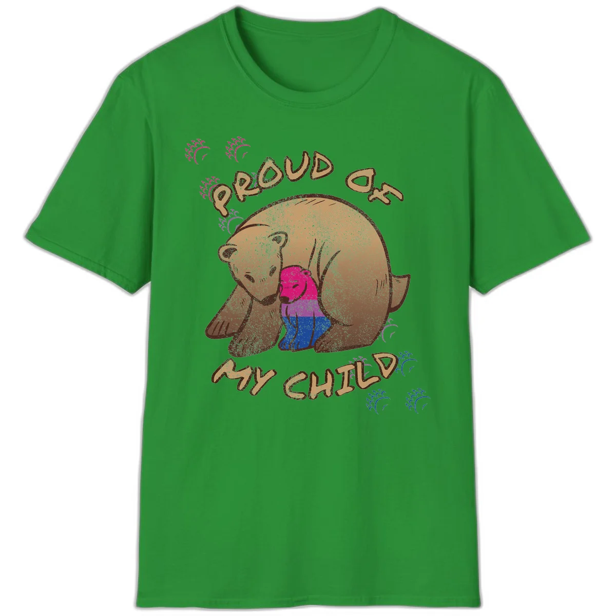 Brown bear holding rainbow pride flag with text reading 'Proud As My Chub' on gray background in Irish Green
