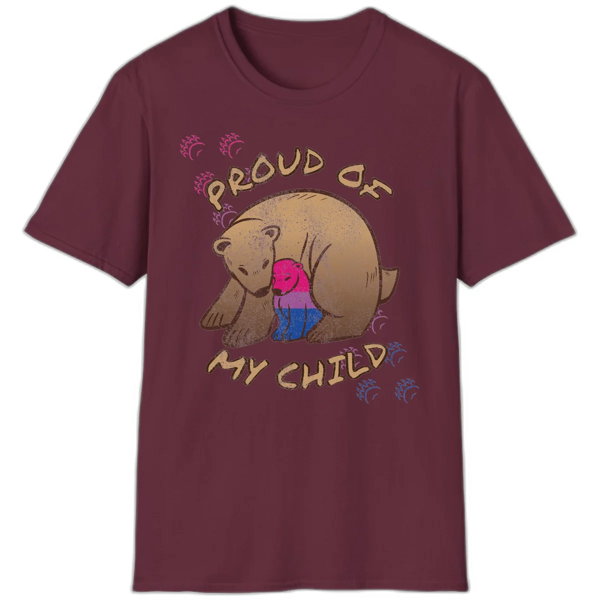 Brown bear holding rainbow pride flag with text reading 'Proud As My Chub' on gray background in Maroon