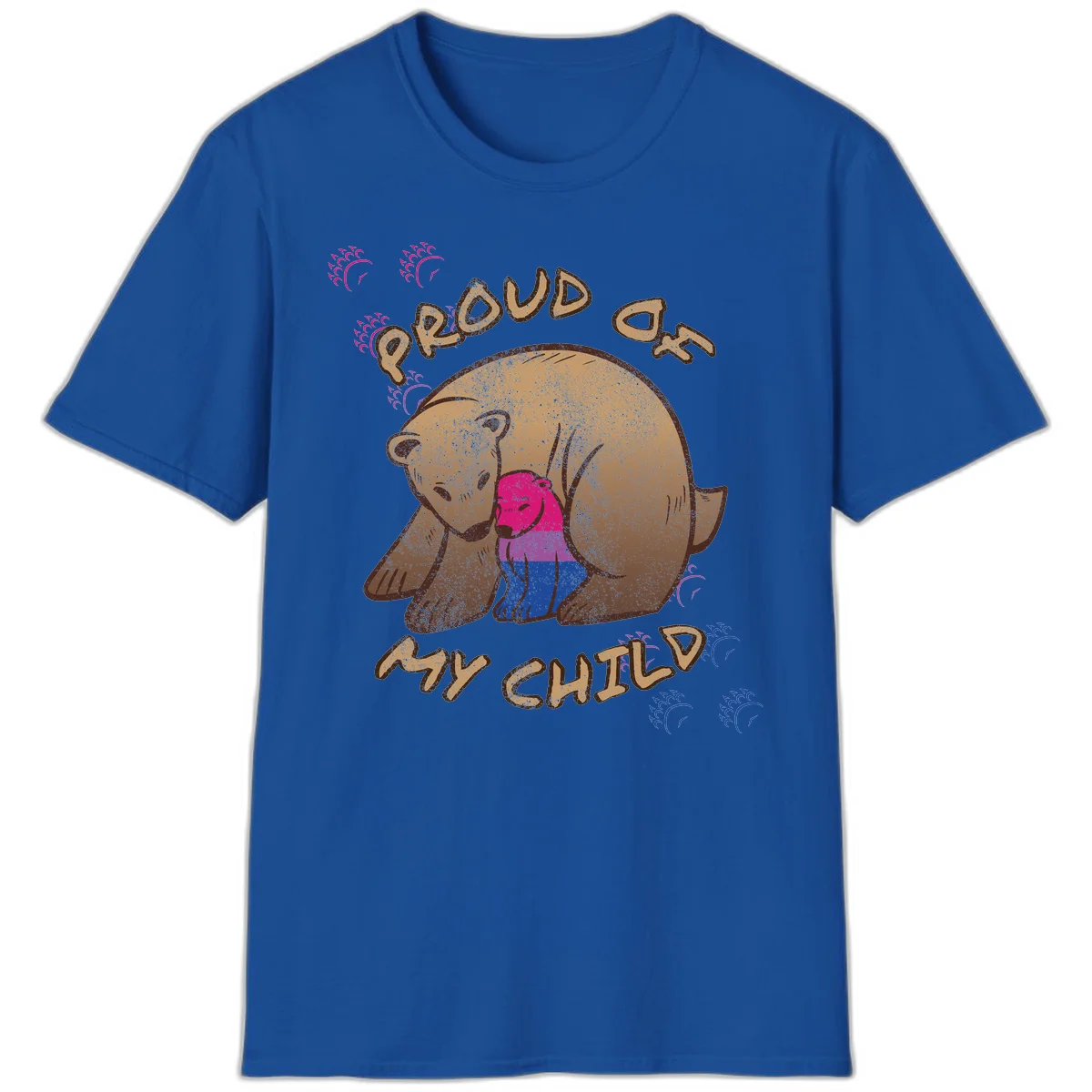 Brown bear holding rainbow pride flag with text reading 'Proud As My Chub' on gray background in Royal