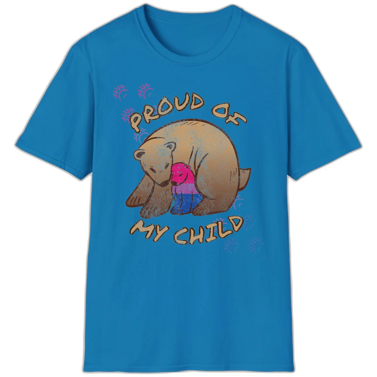 Brown bear holding rainbow pride flag with text reading 'Proud As My Chub' on gray background in Sapphire