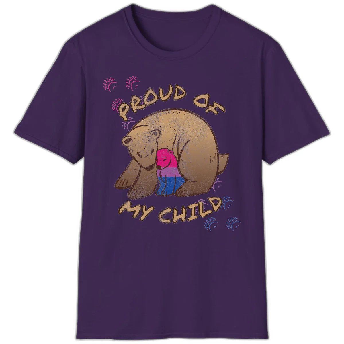 Brown bear holding rainbow pride flag with text reading 'Proud As My Chub' on gray background in Purple