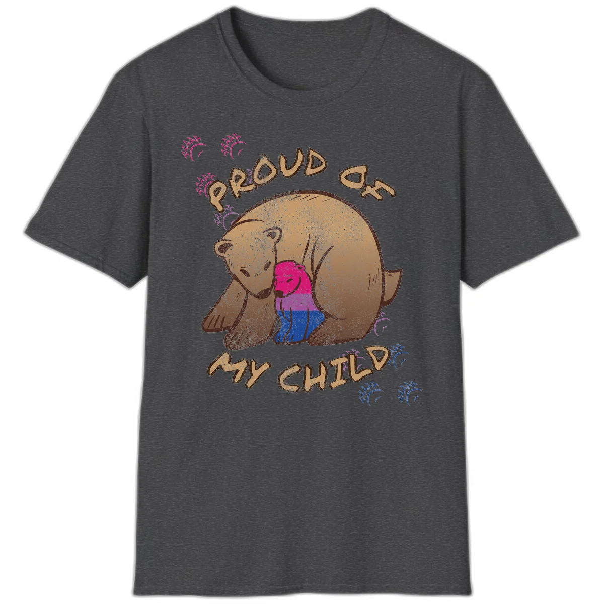 Brown bear holding rainbow pride flag with text reading 'Proud As My Chub' on gray background in Dark Heather