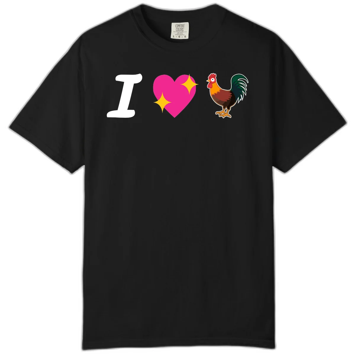 I love rooster design featuring large white I, pink sparkly heart, and colorful rooster illustration on gray background in Black