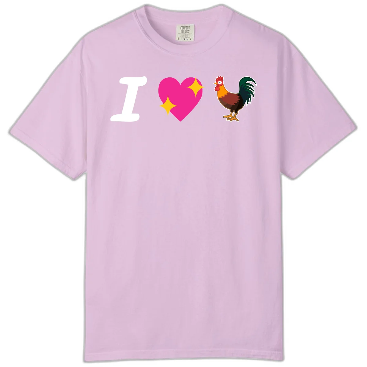 I love rooster design featuring large white I, pink sparkly heart, and colorful rooster illustration on gray background in Orchid