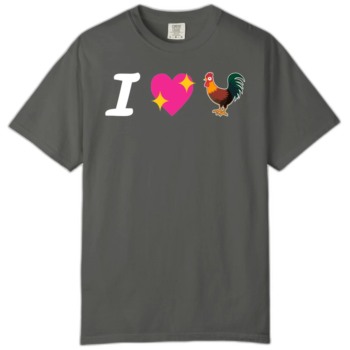 I love rooster design featuring large white I, pink sparkly heart, and colorful rooster illustration on gray background in Pepper