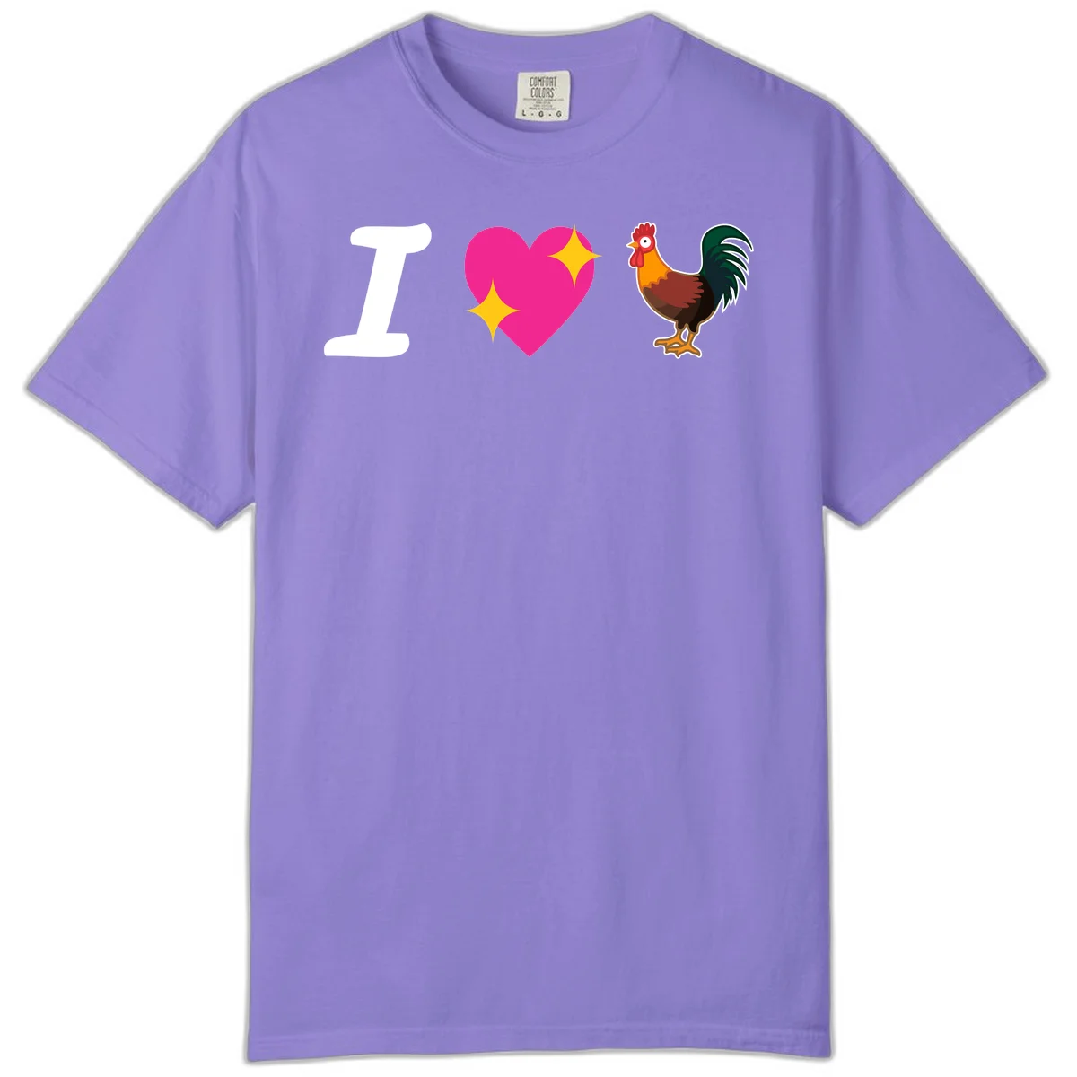 I love rooster design featuring large white I, pink sparkly heart, and colorful rooster illustration on gray background in Violet