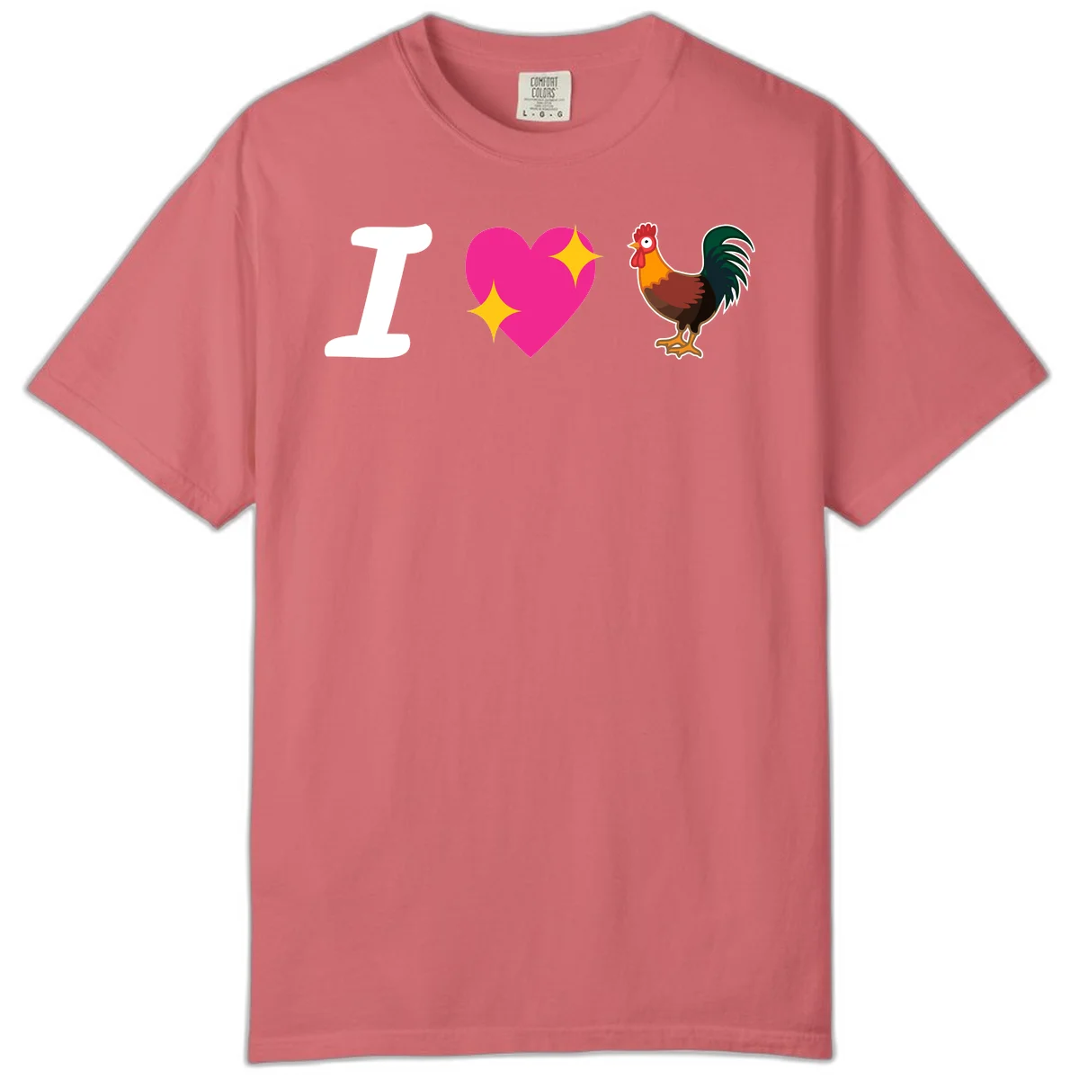 I love rooster design featuring large white I, pink sparkly heart, and colorful rooster illustration on gray background in Watermelon
