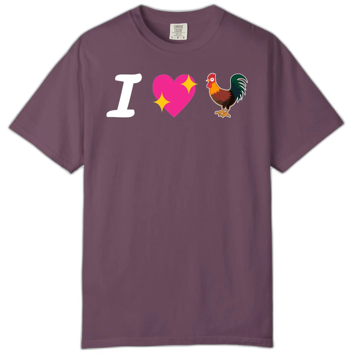 I love rooster design featuring large white I, pink sparkly heart, and colorful rooster illustration on gray background in Berry