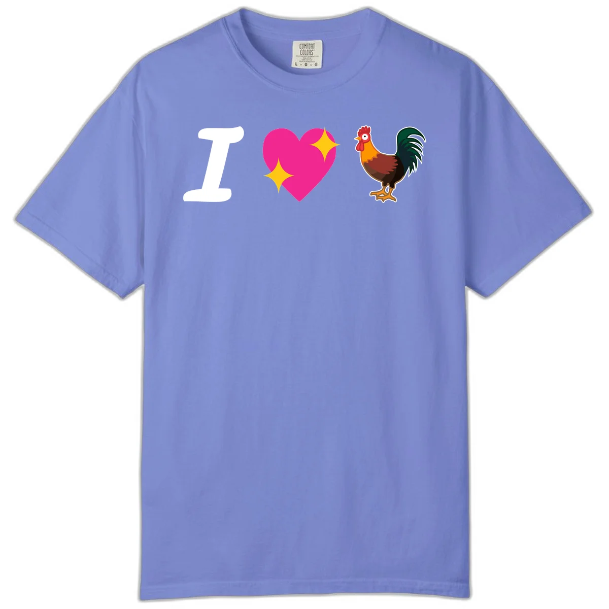 I love rooster design featuring large white I, pink sparkly heart, and colorful rooster illustration on gray background in Flo Blue