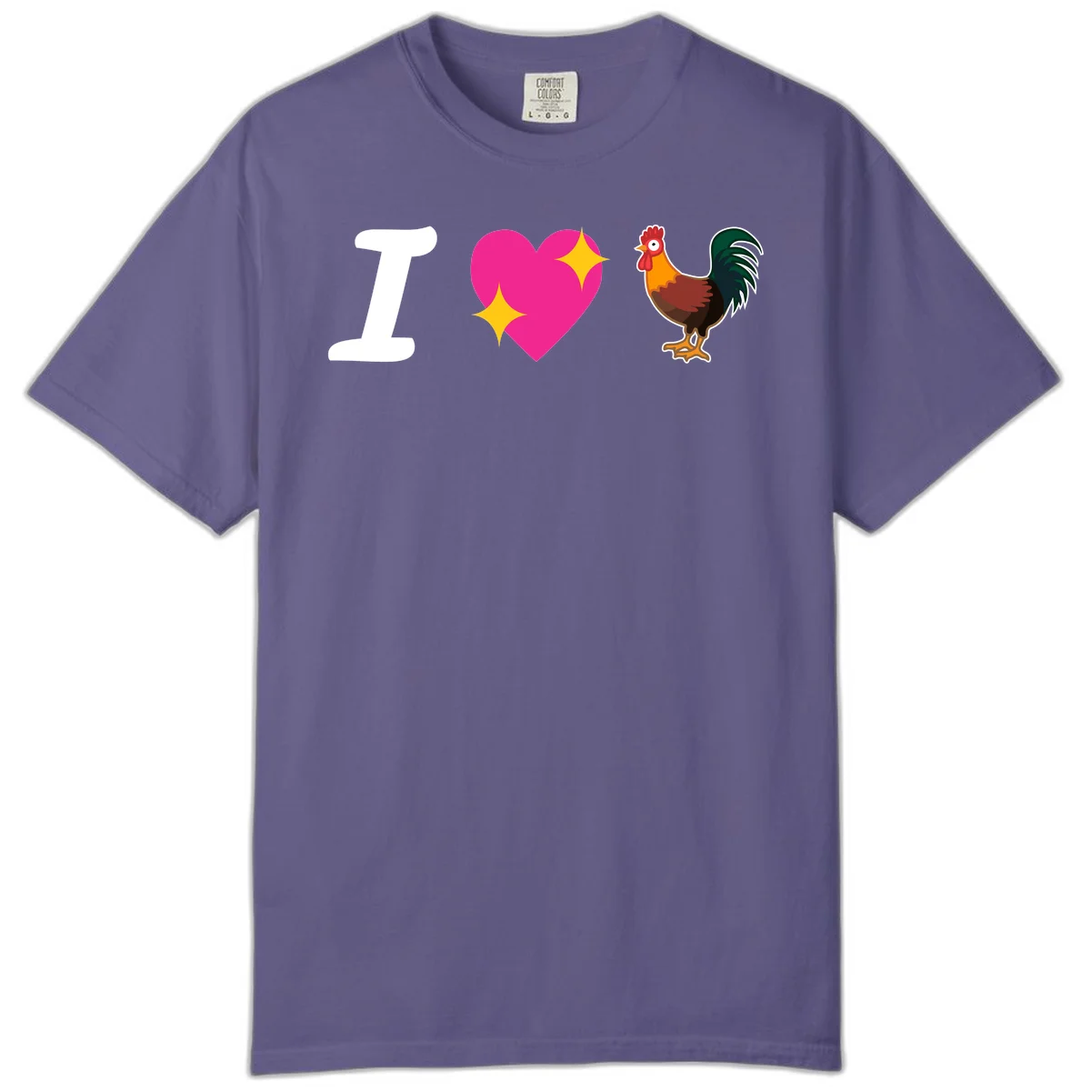 I love rooster design featuring large white I, pink sparkly heart, and colorful rooster illustration on gray background in Grape