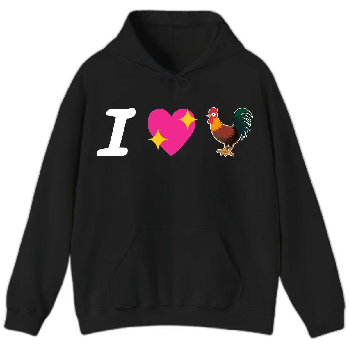 I love rooster design featuring large white I, pink sparkly heart, and colorful rooster illustration on gray background in Black