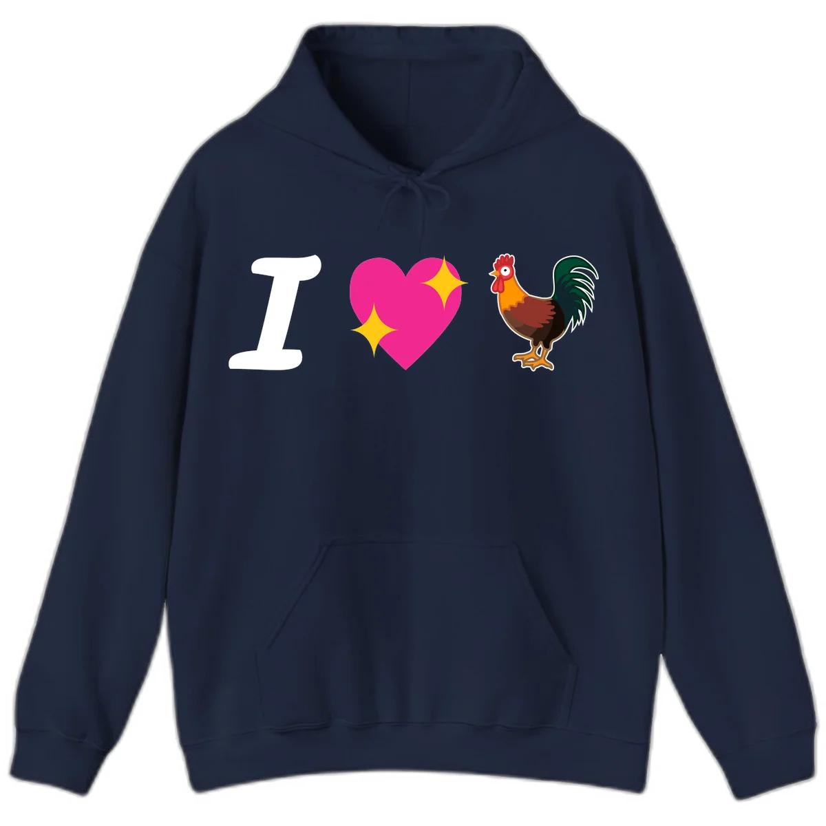 I love rooster design featuring large white I, pink sparkly heart, and colorful rooster illustration on gray background in Navy