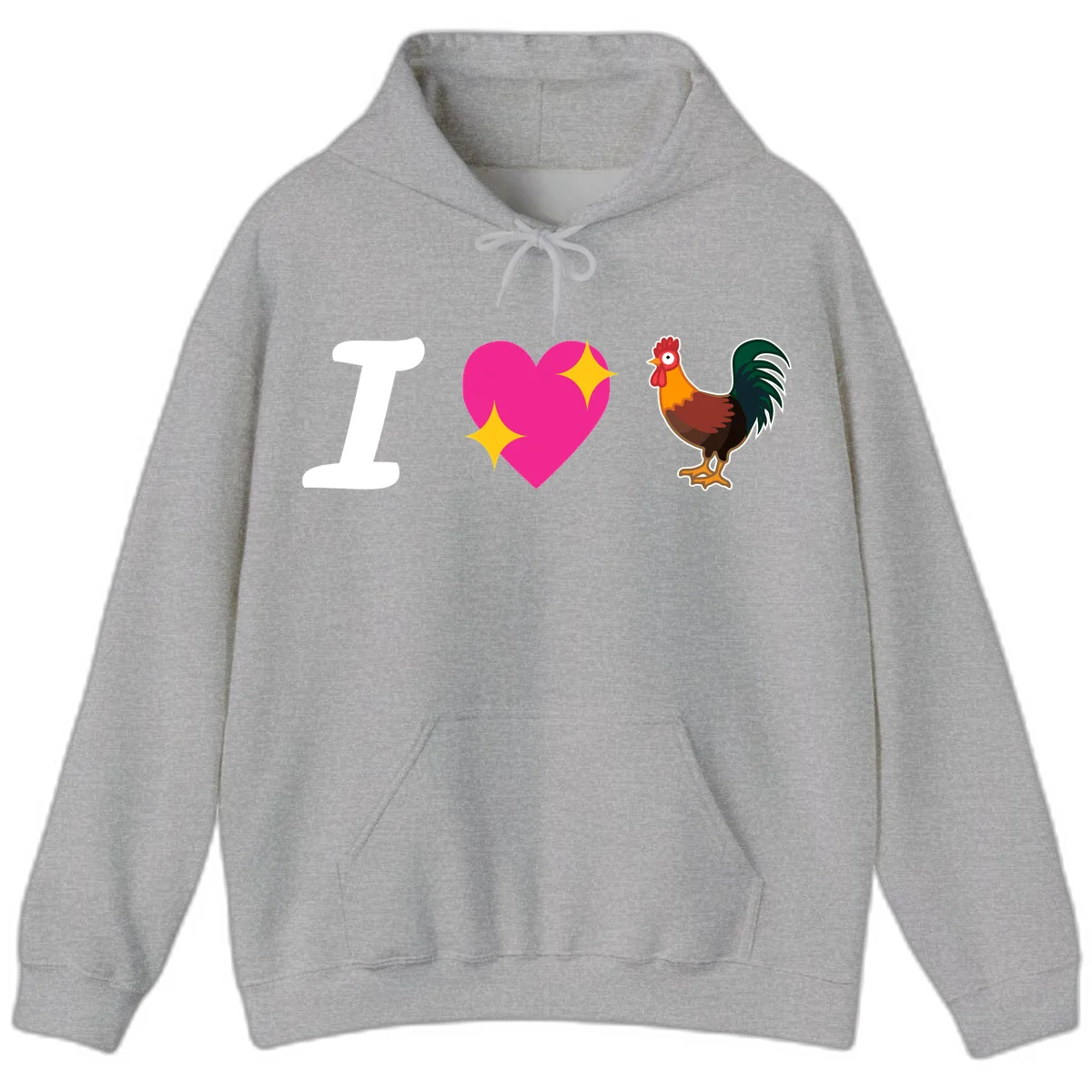 I love rooster design featuring large white I, pink sparkly heart, and colorful rooster illustration on gray background in Sport Grey