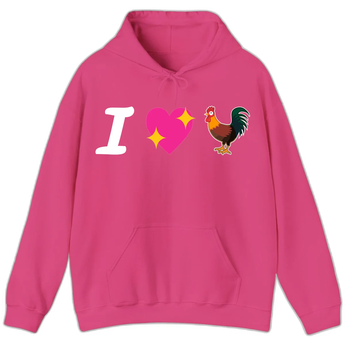 I love rooster design featuring large white I, pink sparkly heart, and colorful rooster illustration on gray background in Heliconia