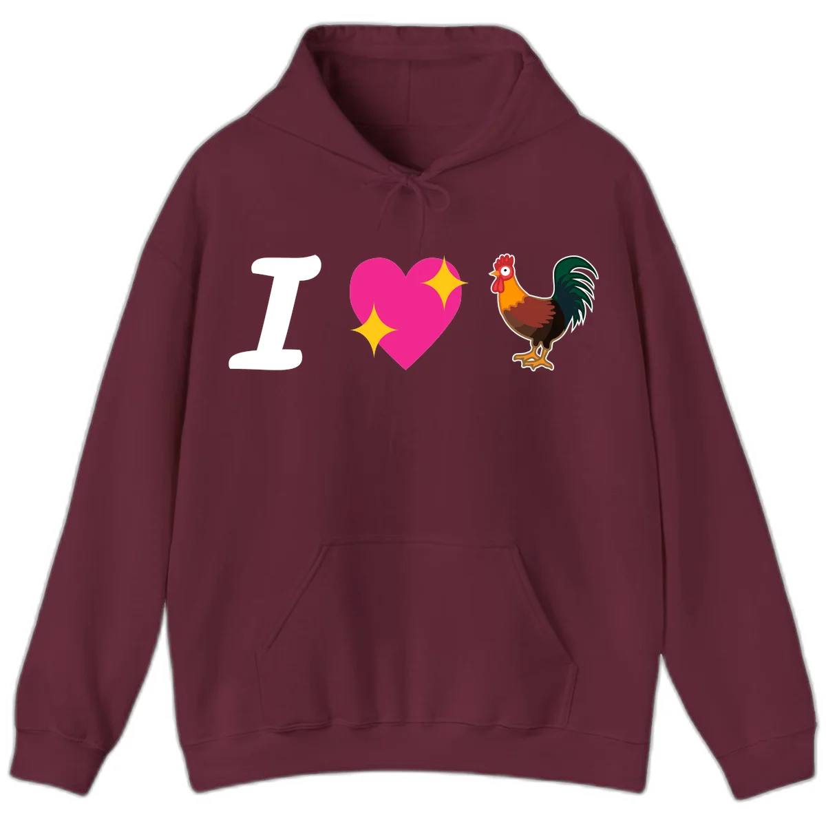 I love rooster design featuring large white I, pink sparkly heart, and colorful rooster illustration on gray background in Maroon