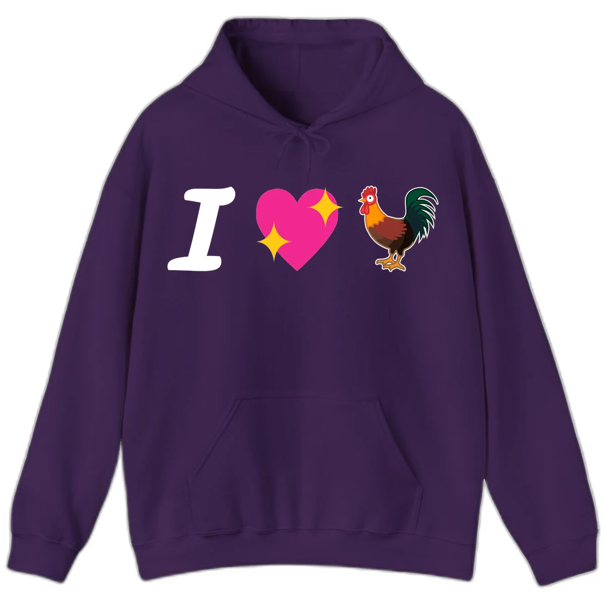 I love rooster design featuring large white I, pink sparkly heart, and colorful rooster illustration on gray background in Purple