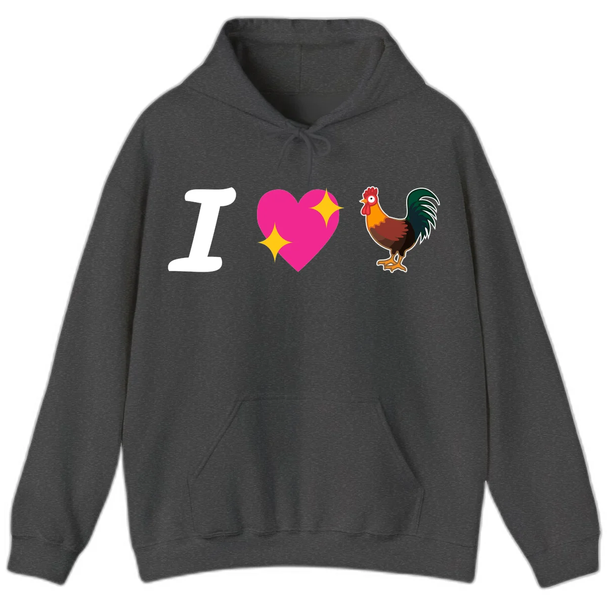 I love rooster design featuring large white I, pink sparkly heart, and colorful rooster illustration on gray background in Dark Heather