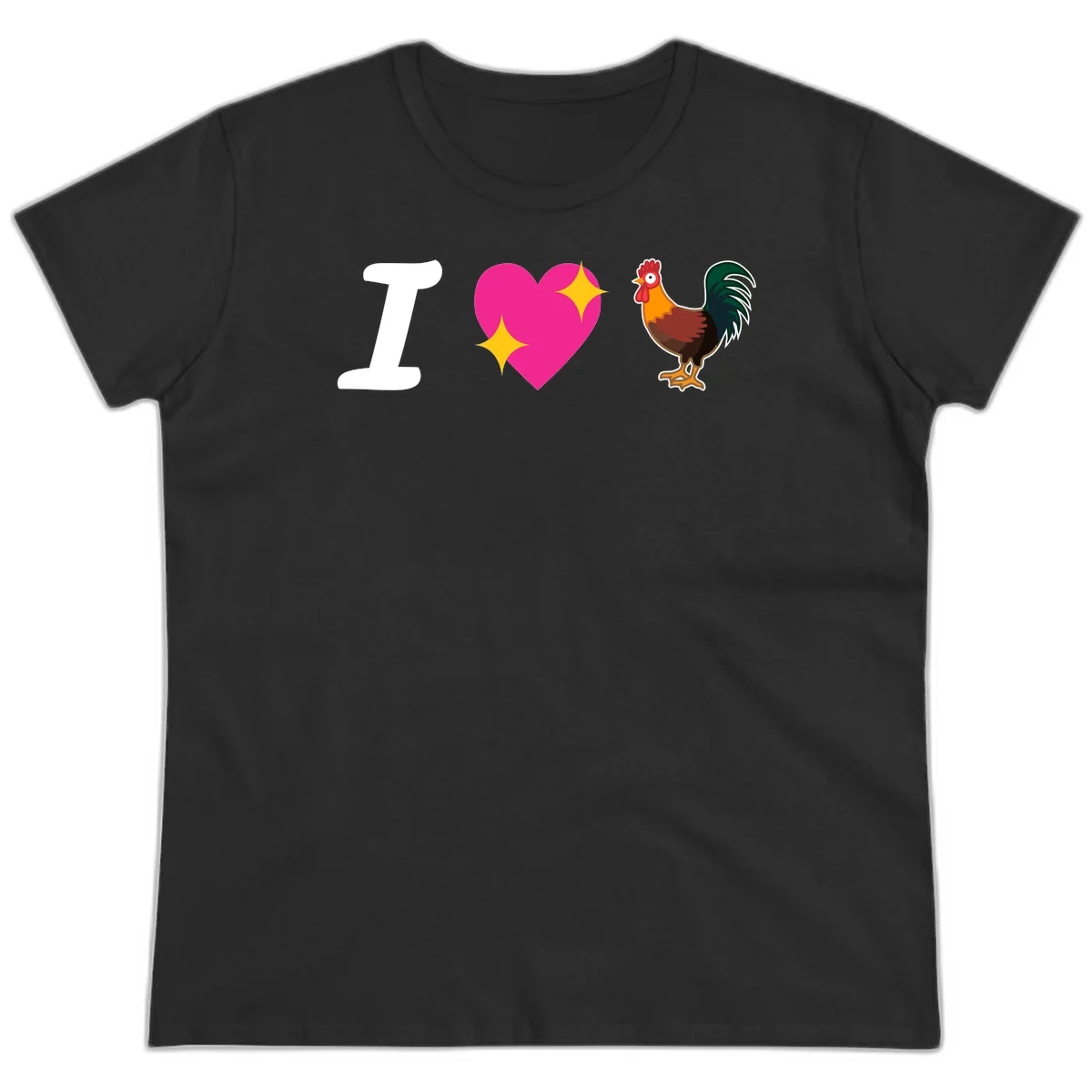 I love rooster design featuring large white I, pink sparkly heart, and colorful rooster illustration on gray background in Black
