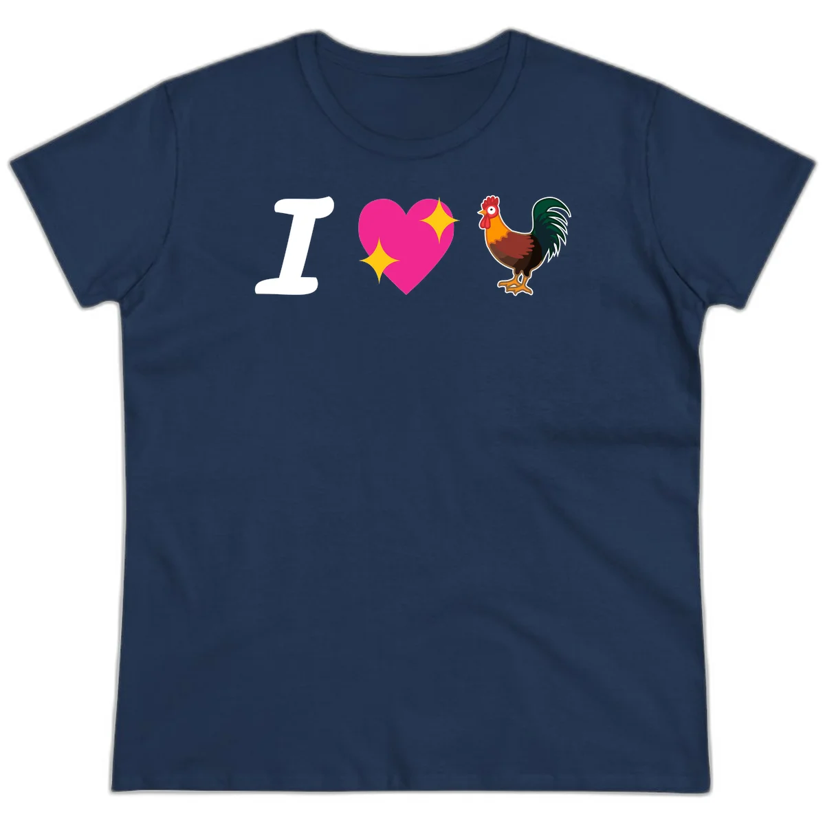 I love rooster design featuring large white I, pink sparkly heart, and colorful rooster illustration on gray background in Navy