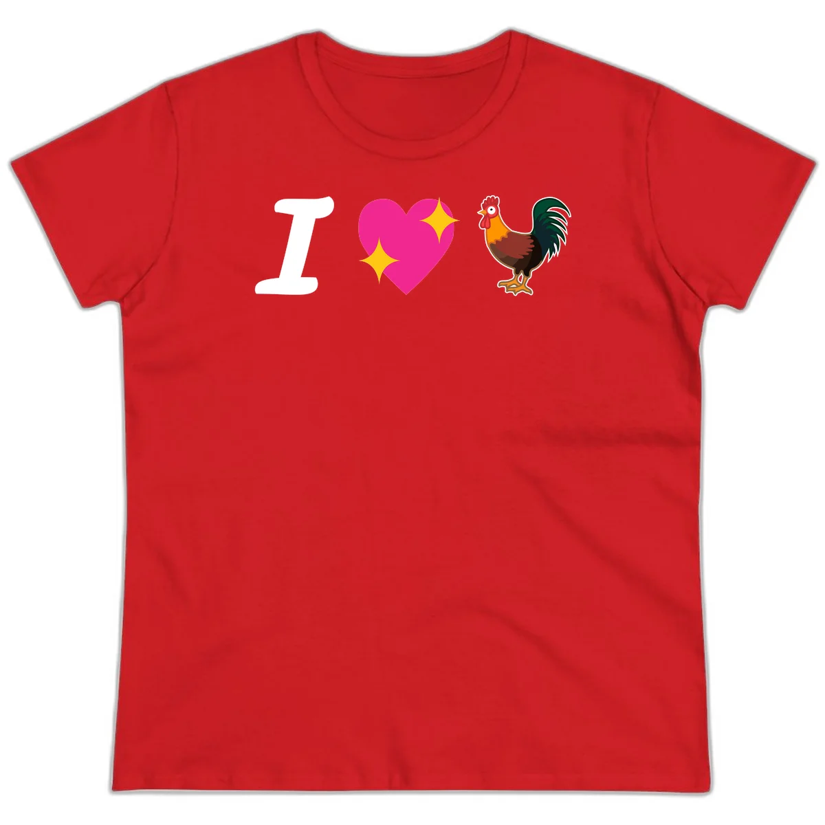 I love rooster design featuring large white I, pink sparkly heart, and colorful rooster illustration on gray background in Red