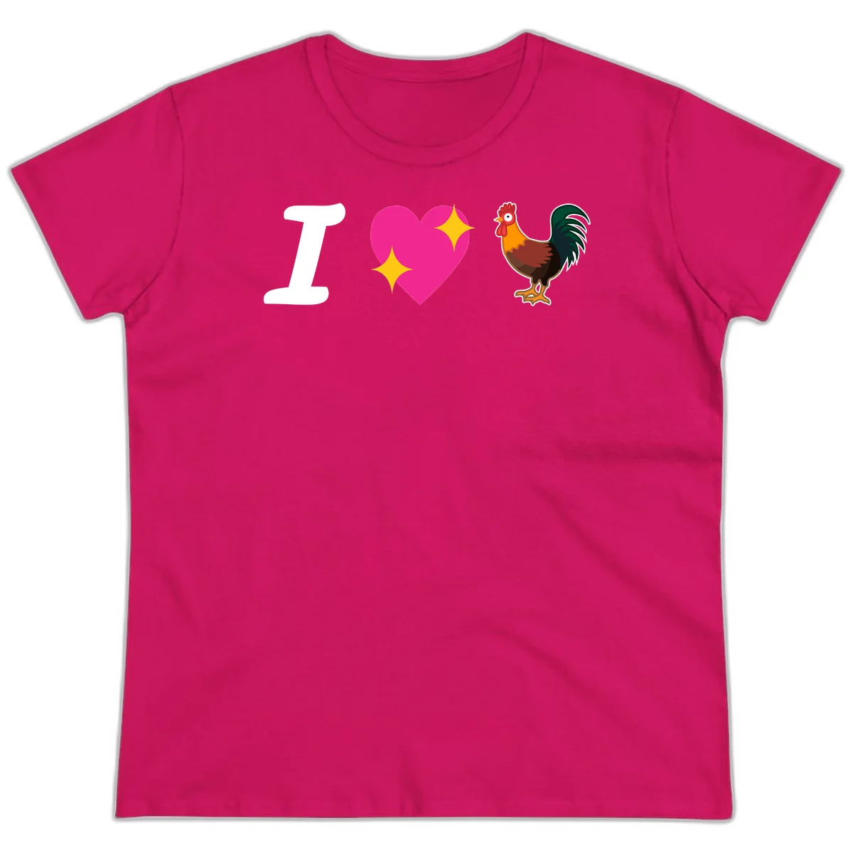 I love rooster design featuring large white I, pink sparkly heart, and colorful rooster illustration on gray background in Heliconia