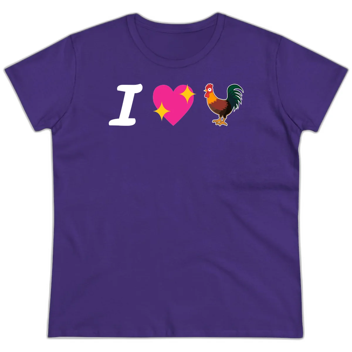 I love rooster design featuring large white I, pink sparkly heart, and colorful rooster illustration on gray background in Purple