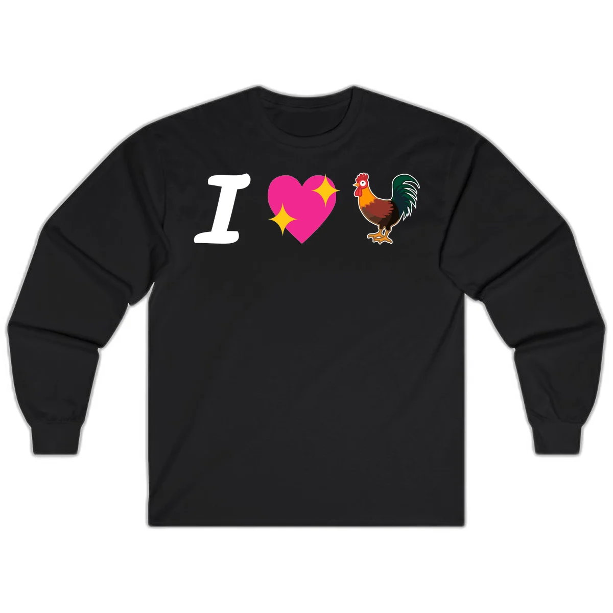 I love rooster design featuring large white I, pink sparkly heart, and colorful rooster illustration on gray background in Black