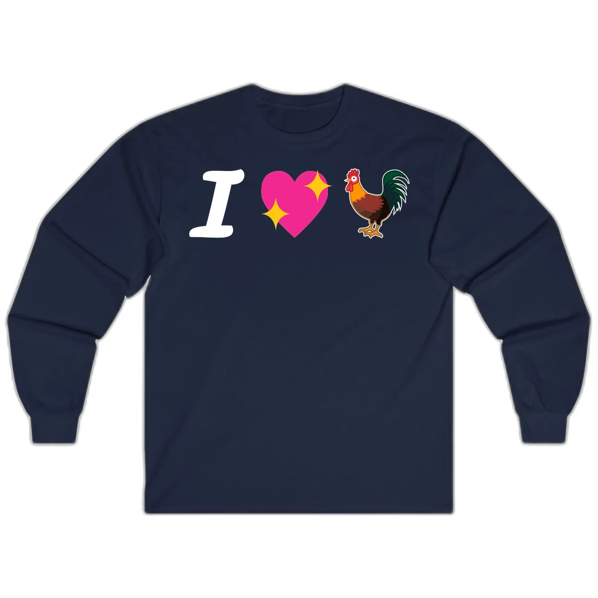 I love rooster design featuring large white I, pink sparkly heart, and colorful rooster illustration on gray background in Navy