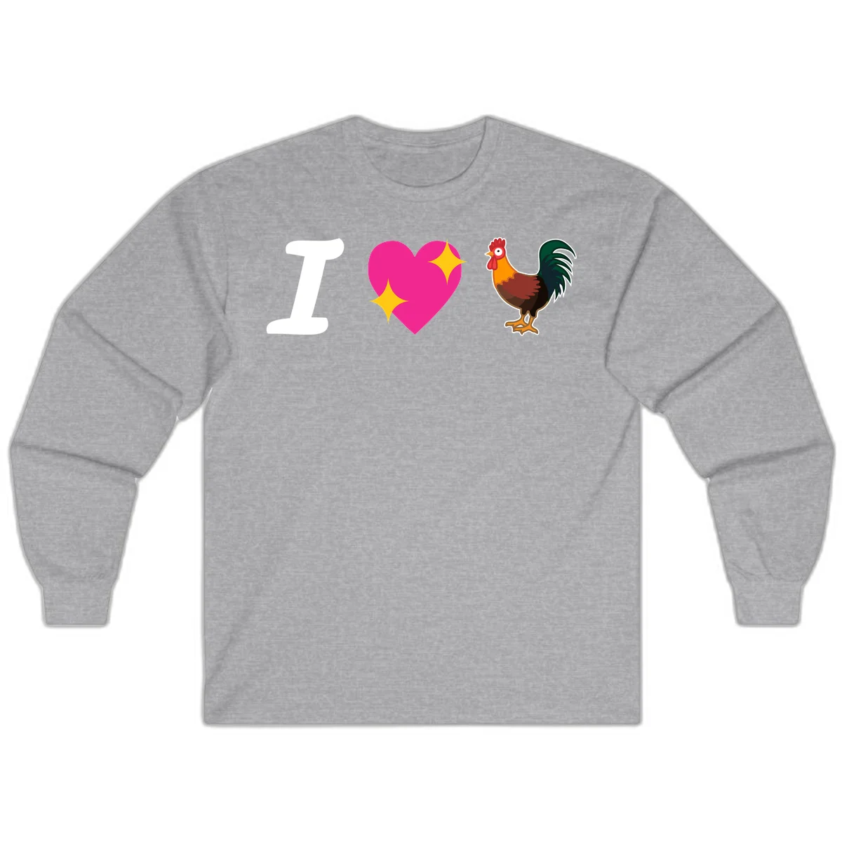 I love rooster design featuring large white I, pink sparkly heart, and colorful rooster illustration on gray background in Sport Grey