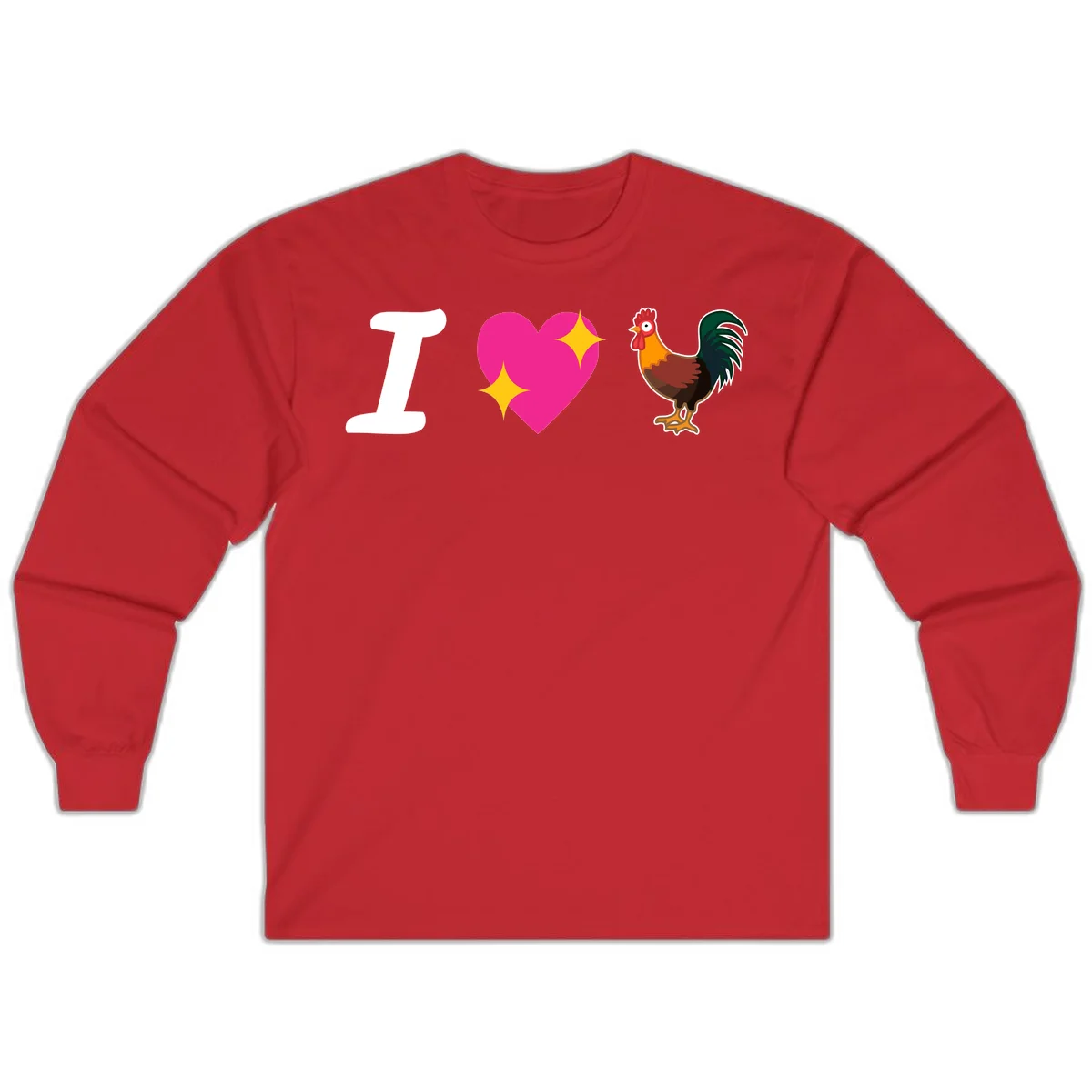 I love rooster design featuring large white I, pink sparkly heart, and colorful rooster illustration on gray background in Red