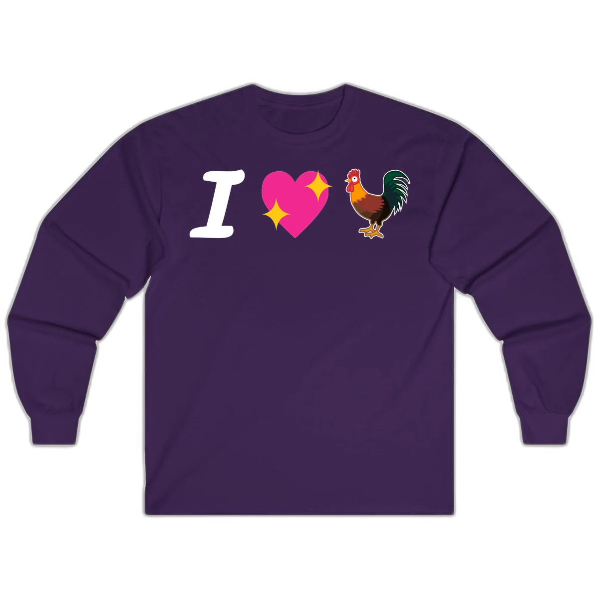I love rooster design featuring large white I, pink sparkly heart, and colorful rooster illustration on gray background in Purple